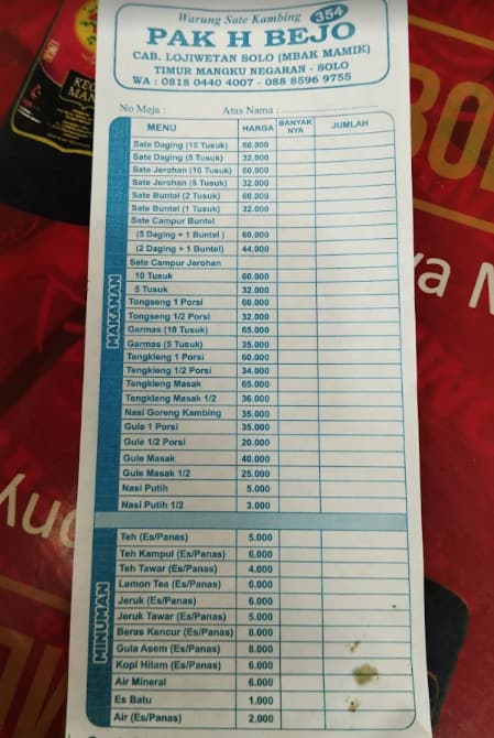 Harga & Menu Sate Buntel H. Bejo ya